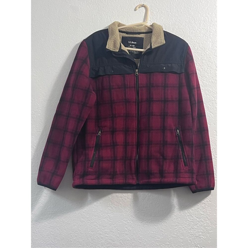 LL Bean Mens Size Medium Reg Red‎ Plaid Full Zip Sherpa Lined Fleece Jacket Coat